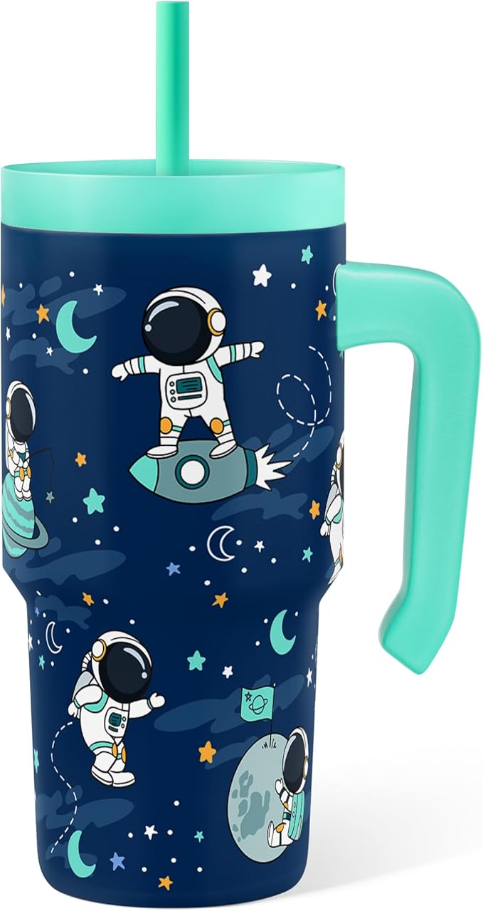 Astronaut Tumbler 20oz with Handle and Silicone Straw Lid for Kid, Insulated Stainless Steel Cup, Gift for Kids Boys, Gifts Idea for Birthday Christmas Back to School - Bloomnest