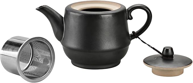 Rural Style Ceramic Teapot with Stainless Steel Infuser 16 Ounces Porcelain Blooming & Loose Leaf Teapot (Black)