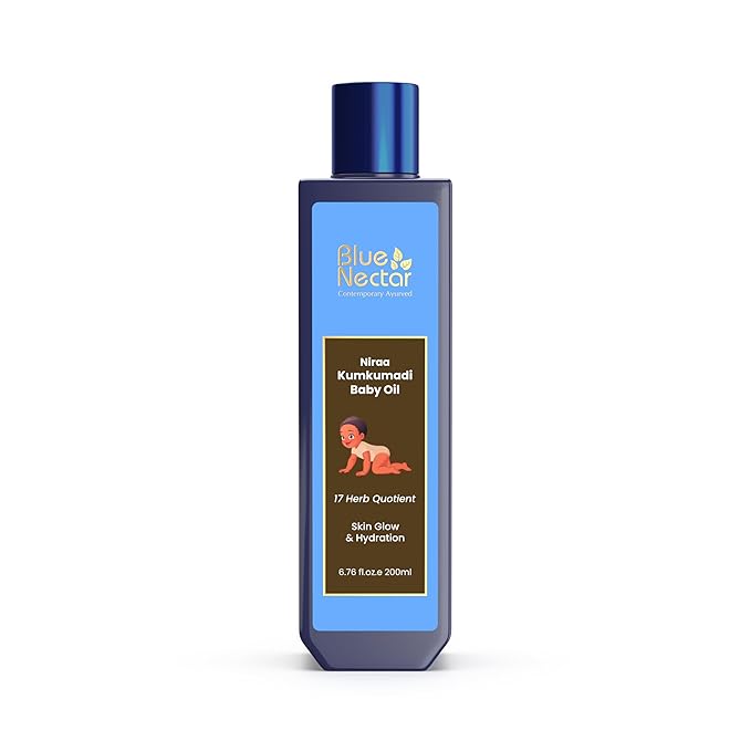 Blue Nectar Baby Oil with Pure Kumkumadi Oil for Glow & Hydration | Ayurvedic Baby Massage Oil for New Born | 100% Natural & Safe Baby Product for Delicate Skin (17 Herbs, 6.76 Fl Oz) - Bloomnest