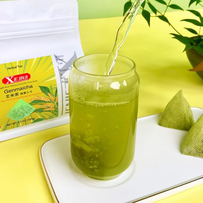XIEJINJI Genmaicha, Green Tea with Matcha - 3.7g x 50 Count, Japanese-style Roasted Brown Rice Tea, Low Caffeine, Eco-Conscious Tea Bags - Bloomnest