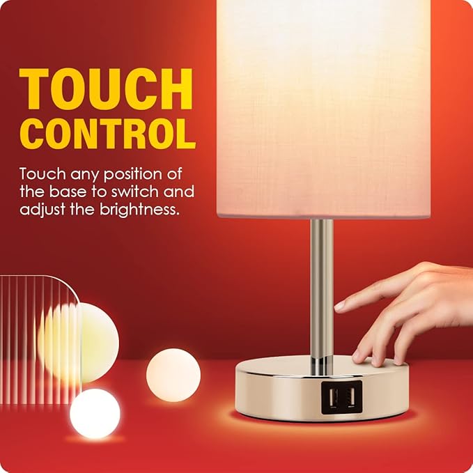Yarra-Decor Bedside Lamp with USB Port - Touch Control Table Lamp for Bedroom 3 Way Dimmable Nightstand Lamp with Round Pink Fabric Shade for Living Room, Dorm, Home Office (LED Bulb Included) - Bloomnest