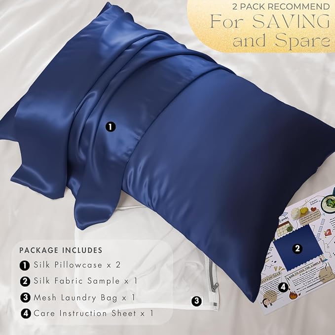 PROMEED 23 Momme Silk Pillowcase 2 Pack with Zipper, 3rd Gen Grade 6A+ 100% Mulberry Silk Pillow Case Set of 2, Cooling Pillow Cases for Hot Sleepers (King 20"x36", Navy) - Bloomnest