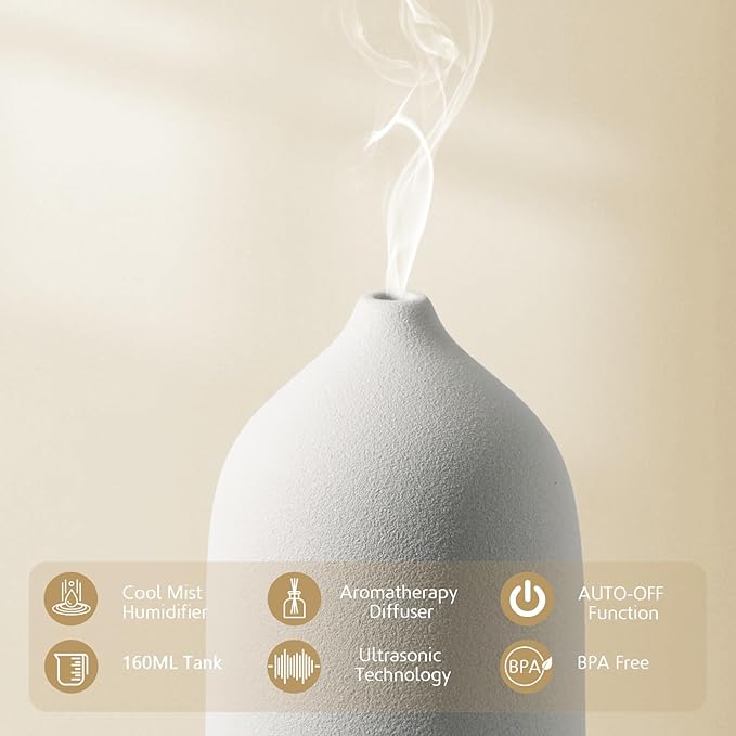 Diffuserlove Ceramic Essential Oil Diffuser 160ML Aromatherapy Diffuser for Home Bedroom Room Cool Mist Humidifier Stone Air Diffusers with Yellow Wood Pattern Base (Size:6.8" H x 3.6" W) - Bloomnest