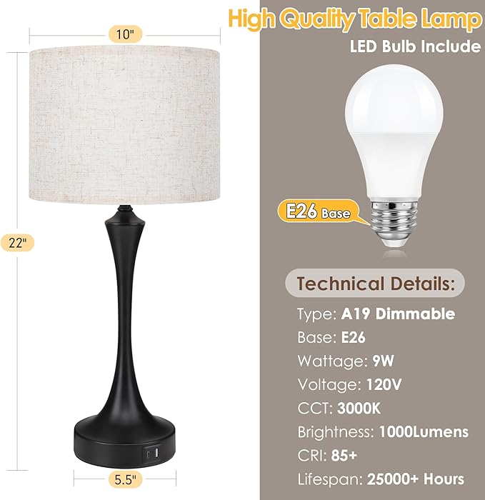 GGOYING 22” Set of 2 Touch Control Table Lamp with USB A+C Ports, 3-Level Dimmable Bedside Lamp with Fabric Lampshade, 3000K LED Bulbs, Nightstand Lamp for Bedroom Livingroom Office, Black - Bloomnest