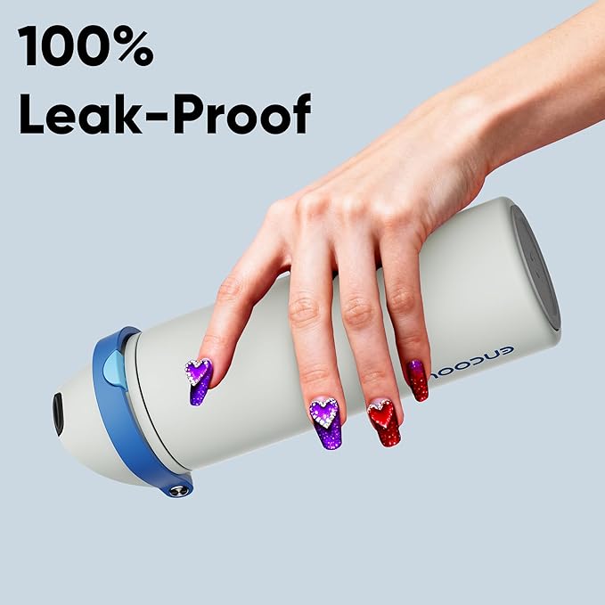 Insulated Water Bottle with Straw - Encool Stainless Steel Water Bottle with Push Button Lid, Leak-Proof & BPA-Free, Keeps Cold for 24 Hours for Sports, Travel, Gym (24 oz, Quill Grey-Blue) ENCOOL