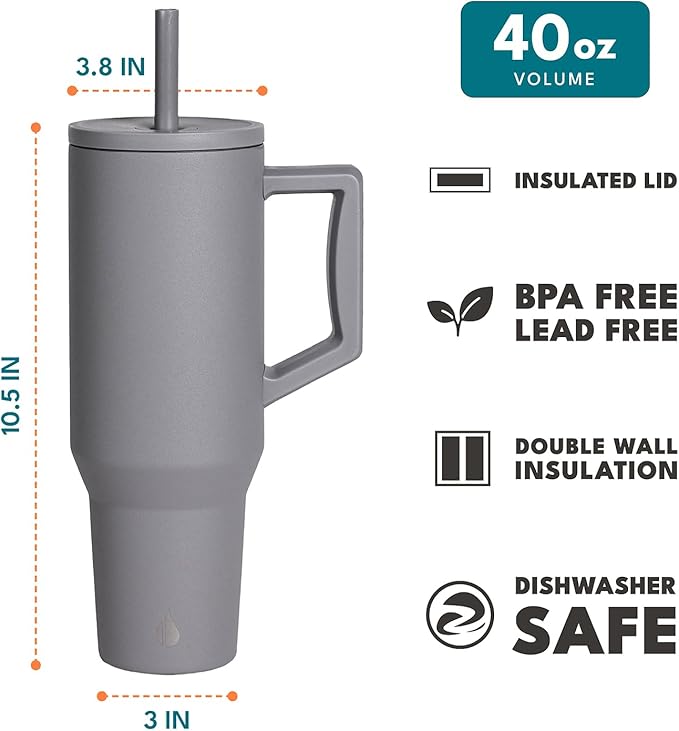 Elemental 40 oz Tumbler with Handle and Straw - Spill Proof Insulated Stainless Steel Commuter for Hot and Cold Beverages - Travel Coffee Mug with 2 Straws & Spill Proof Lid - 40oz - Graphite - Bloomnest