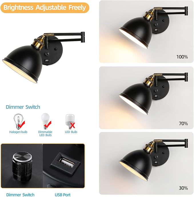 Swing Arm Wall Sconces, Plug-in Wall lamp,Bedroom Wall lamp ， White Fabric Shade，，with dimmable Switch and USB Charging Port, Suitable for Bedside, Living Room, Reading (Metallic Black) - Bloomnest