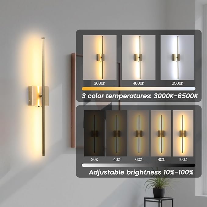 Battery Operated Wall Sconces set of 2, 11000mAh Rechargeable Brushed Bronze Wireless Wall Lights, 350°Rotate Dimmable Wall Lamp with Remote, 3 Color Temperatures, for Bedroom, Living Room, Hallway - Bloomnest