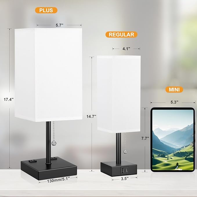 aooshine White Table Lamp for Bedside - 3 Color Temperature 3000K 5000K 4000K Bedroom Lamp, Pull Chain Control, USB A and C Ports, AC Outlets, Bulb Included, Medium - Bloomnest