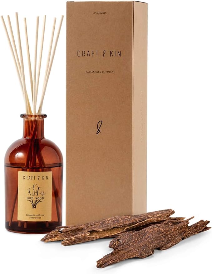 Craft & Kin Oud Wood Diffuser Reed Diffuser | All Natural Essential Oil & 8 Rattan Scent Sticks | Reed Diffusers for Home, Bathroom | Long Lasting Home Fragrance in Amber Glass, 5.75oz CraftKin