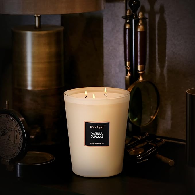 HomeLights Highly Scented Soy Candles Big 33.3 oz for Home. 3 Cotton Wicks, Smokeless Long Lasting 130 hrs in Vanilla Cupcake. 5x6, Great Gift for Women & Men - Bloomnest