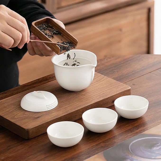 Travel Tea Set Ceramic Tea Pot Set Chinese Kung Fu Teapot Porcelain Gongfu Teacups Frosted Glazed Tea Cup, Portable Bag 1 Pot 3 Mini Cup All in One for Home Office Outdoor Picnic Camping Hotel, White - Bloomnest