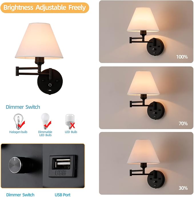 Swing Arm Wall Sconces, Plug-in Wall lamp,Bedroom Wall lamp ， White Fabric Shade，，with dimmable Switch and USB Charging Port, Suitable for Bedside, Living Room, Reading (Black) - Bloomnest