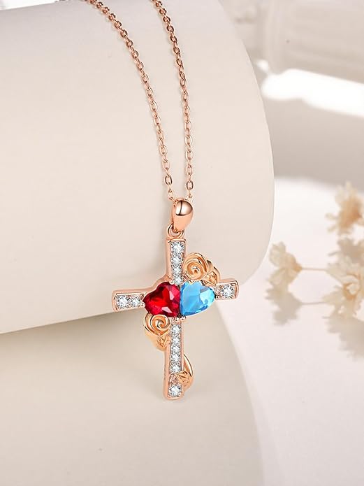 Rose Gold Dual Birthstones Cross Necklace for Women Rose Flower Jewelry Anniversary Christmas Mother's Valentine's Day Birthday Gift for Wife Girlfriend Mom - Bloomnest