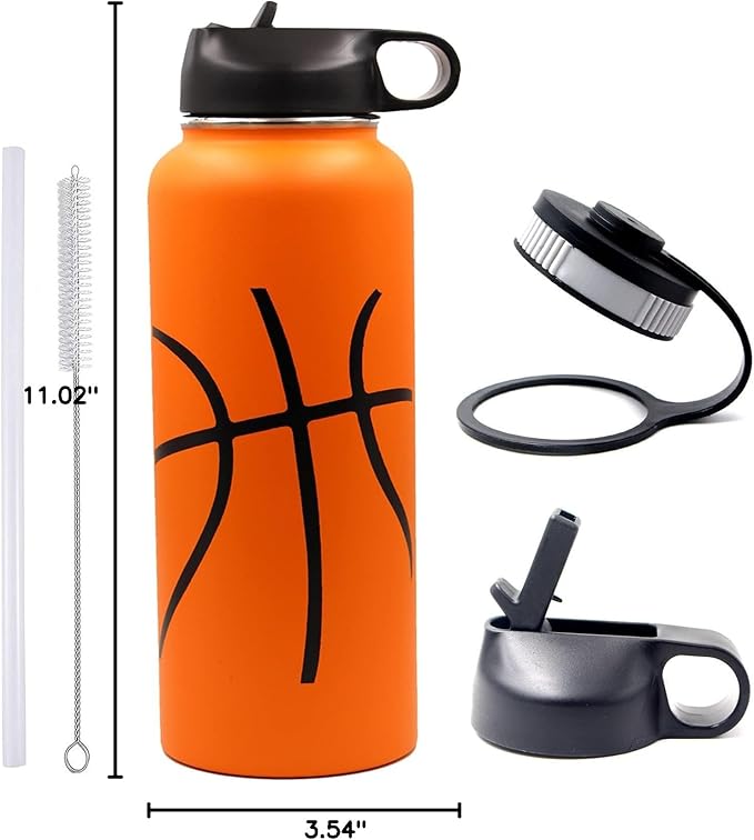 40 oz Basketball Water Bottle, Wide Mouth Sports Flask Metal Travel Tumbler with 2 Lids, Stainless Steel Double Wall Vacuum Insulated Thermo Water Jug, Basketball Accessories Gifts for Boys Girls - Bloomnest