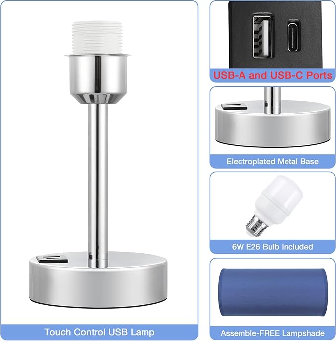 Navy Blue Touch Lamp for Boys - Small Nightstand Lamp with USB-C and USB Charging Ports, 3 Way Dimmable Bedside Table Lamp with Fabric Shade Silver Base for Nursery, Dorm, Office, Reading - Bloomnest