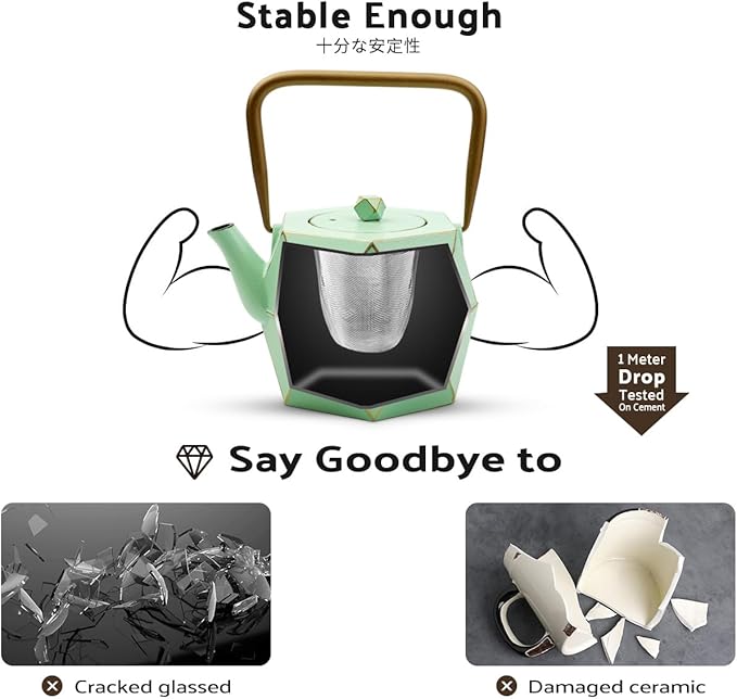 Toptier Cast Iron Teapot, Stovetop Safe Japanese Cast Iron Tea Kettle, Diamond Design Tea Pot with Removable Infuser for Loose Tea, 30 Ounce (900 ml), Light Green - Bloomnest