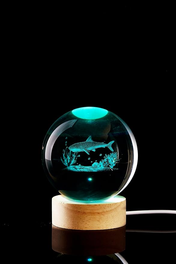 Shark Crystal Ball Night Light, 3.15 Inch K9 Crystal Ball with Wooden Base, 16 Colors, Remote Control, Art Deco Decor - Bloomnest