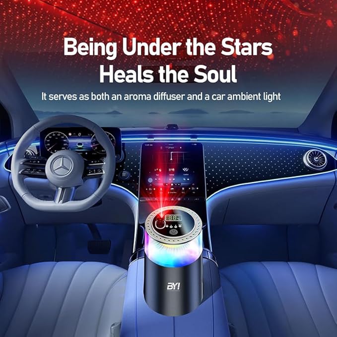 Smart Car Air Freshener with RGB Ambient Light, Galaxy Cloud Mist, Auto On/Off, Built-in Battery, Car Aroma Diffuser, Home, Office (4 Essential Oil Box), Long-Lasting Scent - Bloomnest
