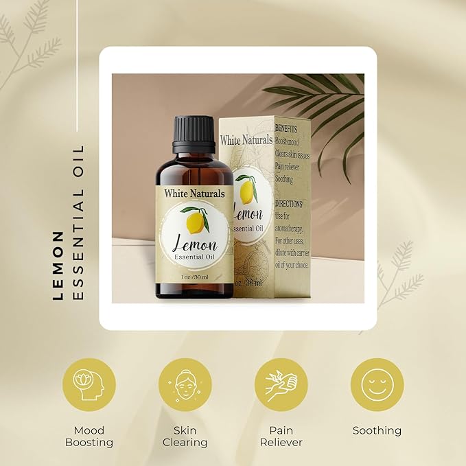 Organic Lemon Essential Oil by White Naturals, 100% Natural and Pure, Therapeutic Grade for Aromatherapy, Massage, Household Cleaning, Hair Care, Skincare, DIY Soap Making & Diffuser, Vegan 1 Ounce - Bloomnest