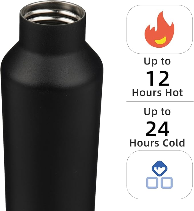 Insulated Water Bottle with Straw,17 OZ Double Wall Vacuum Stainless Steel Water Flask with 2 Lids,Black - Bloomnest