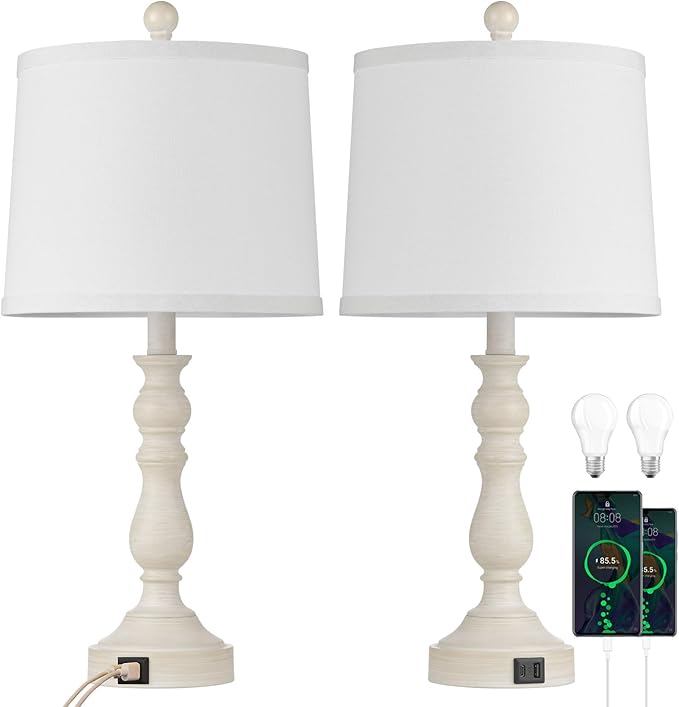 23'' Farmhouse Table Lamps for Living Room Set of 2 with USB C+A Ports, Retro Bedside Lamp for Bedroom, Office, Dining Room, Knob Switch, 3 Color Temperatures, Bulb Included, Beige - Bloomnest
