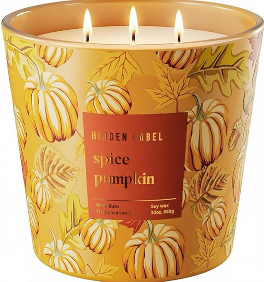 Hidden Label Pumpkin Spice Fall Candles, 3 Wick Large Scented Candle for Home, 30oz Natural Soy Candles for Home Scented,100 Hour Burn Time, Long Lasting Highly Scented Luxury Candle Gift - Bloomnest