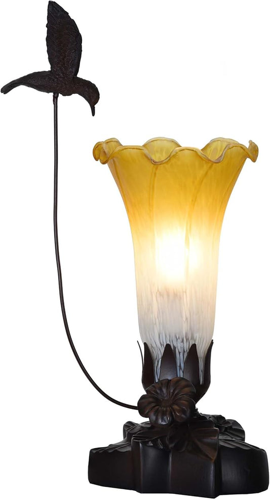 Bieye LL07 Hummingbird Flying Over Lily Flower Blown Glass Table Lamp for Home Decor (White Yellow, 4.25Wx12H)