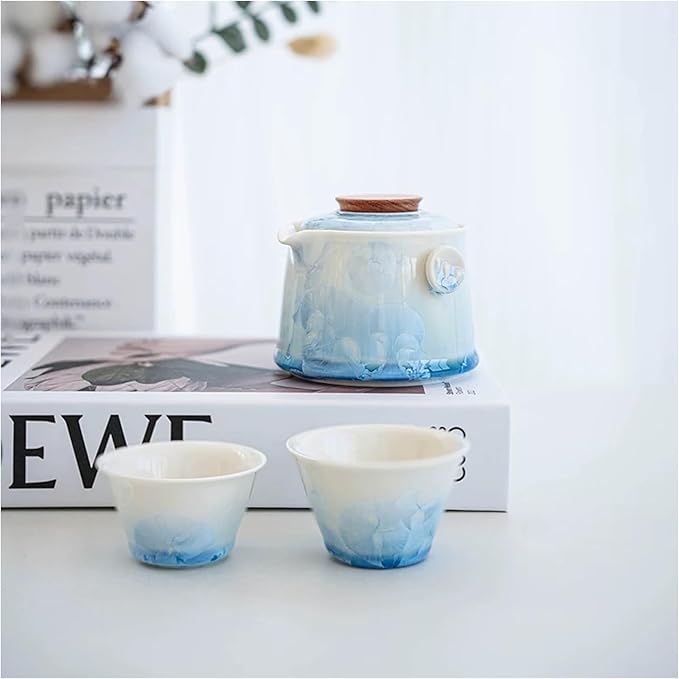Hermit Life Chinese Travel Tea Set, Portable Ceramic Teapot for One to Two, Gongfu Tea Set with Crystal Glaze, 1 Pot 2 Cups, Gift for Tea Lovers (Icy Blue) - Bloomnest