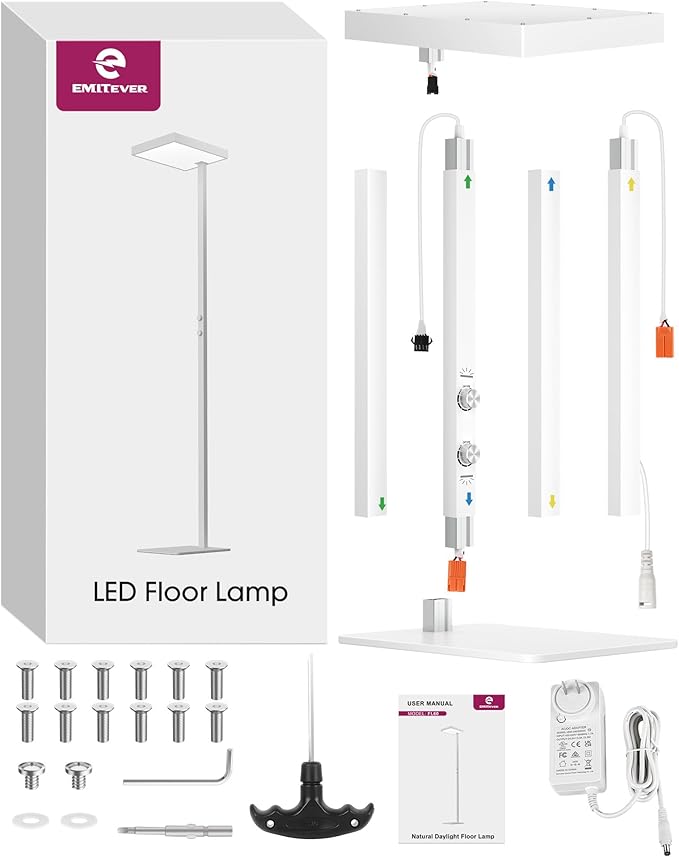 EMITEVER LED Floor Lamp, 60W Full-Spectrum Eye-Care Standing Light, 72.8” Dimmable Reading Lamp for Study Rooms, Living Rooms, Dental Offices and Conference Lighting, 4000K Natural Daylight, White - Bloomnest