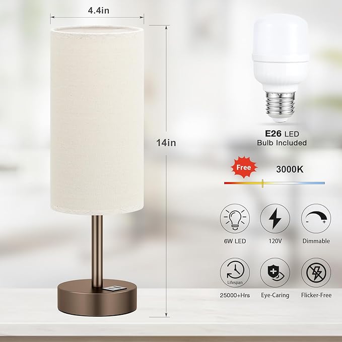 Dicoool Beige Touch Table Lamp for Bedroom - 3 Way Dimmable Bedside Lamp with USB, Nightstand Lamp with Brown Charging Station for Desk, Dorm, Office - Bloomnest