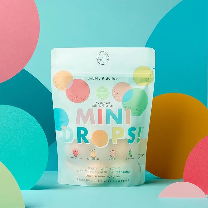 Dabble & Dollop Mini Bath Bombs, 100% Natural Droplets for Kids, Fresh Fruit Scents - Resealable Pouches, Fizzy, Moisturizing & Fun, Vegan, Gluten-Free, Cruelty-Free (Set of 24) - Bloomnest
