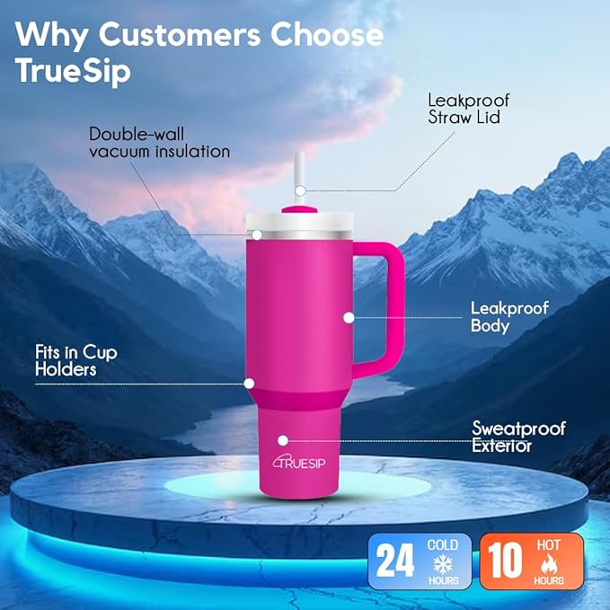 Ultimate 40oz All in One Tumbler - Leak Proof Stainless Steel Tumbler - Includes Silicone Boot, 3 Straws, 2 Straw Caps, & Cleaning Brush (Fuchsia) - Bloomnest