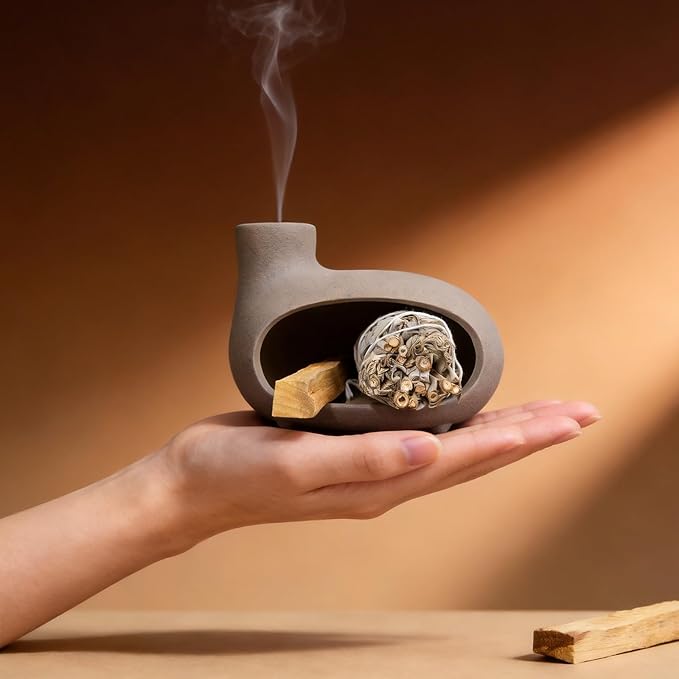 Handmade Grey Palo Santo Holder – Elegant Incense Chimney for Palo Santo, Sage & Cones – Idealt Gifts for Stress Relief, Energy Cleansing, Yoga, Meditation, Zen, Altar Decor & Aromatherapy MOUGIGI