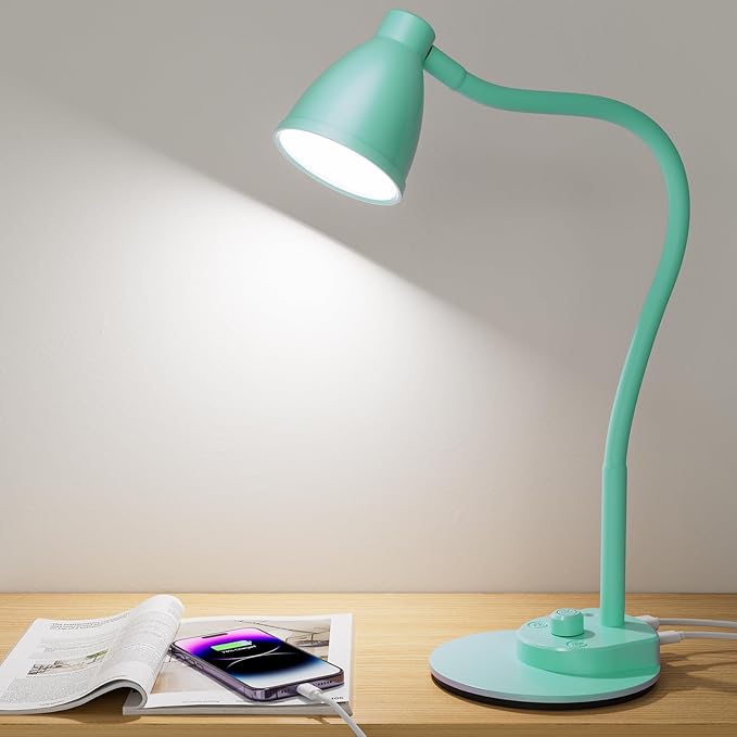 BOHON LED Desk Lamp with USB Charging Port, 3 Color Modes Fully Dimmable Reading Lamp, Auto Dimming Task Lamp, Flexible Gooseneck Table Light for Office Dorm Bedside, Adapter Include, Teal - Bloomnest