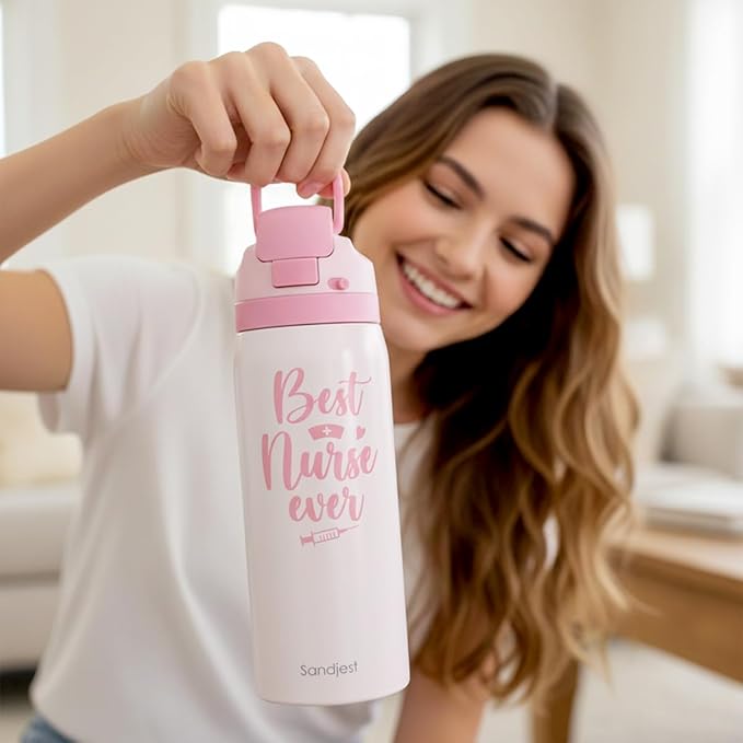Nurse Insulated Stainless Steel Water Bottle with Straw for Sports and Travel, Best Nurse Ever, 32oz, Gifts for Women Graduation Nurse Week Appreciation Birthday Christmas - Bloomnest