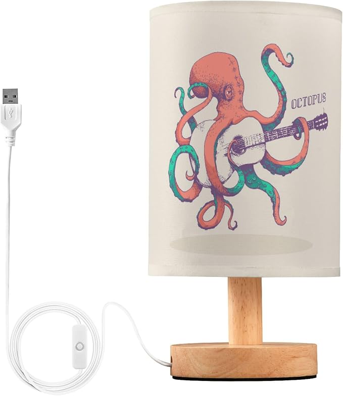 Table Lamp Vintage Octopus Play Guitar Ocean Marine Sea Life Design Nightstand Lamp with Wood Base Fabric Lamp Shade Bedside Desk Lamp for Living Room Bedroom Kids Room Office - Bloomnest