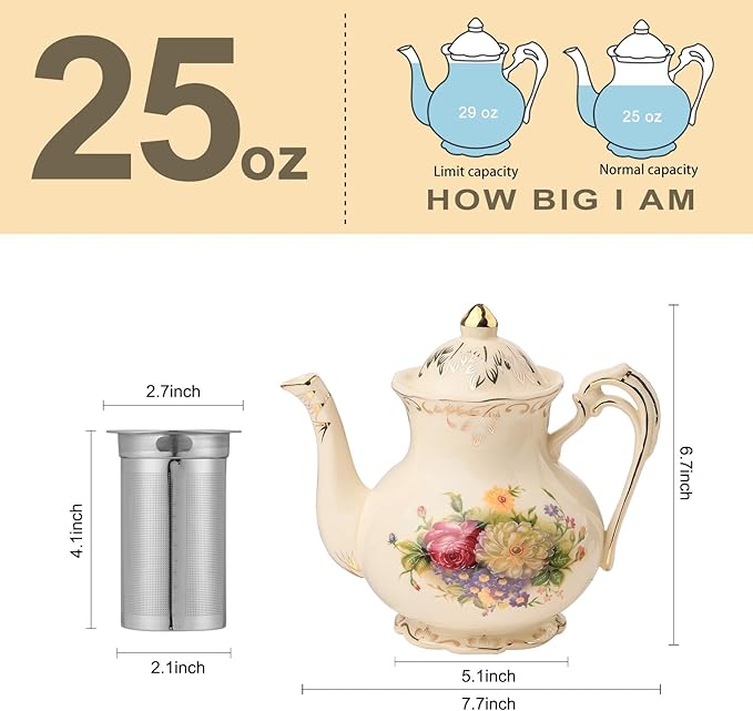 YOLIFE Vintage Teapot, Ivory Ceamic Tea Pot with Infuser, Floral Teapot with Gold Leaves Trim Design - 25oz /3 Cups - Bloomnest