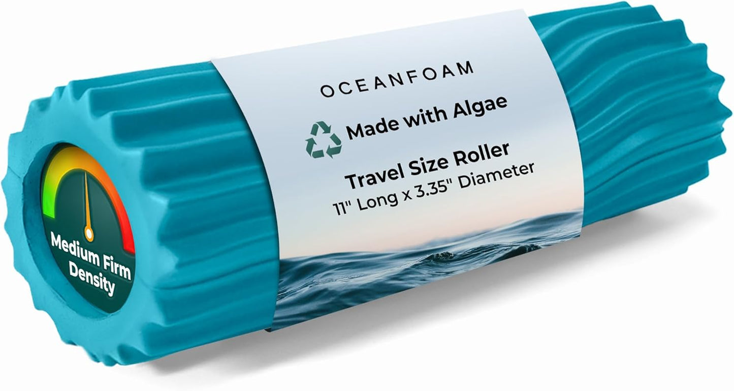 Oceanfoam Ripple Travel Foam Roller (11" x 3.35") Firm Mini Foam Roller for Physical Therapy, Deep Tissue Massage, Back Pain, High Density, Ergonomic Wave Textured, Yoga, Pilate, Exercise (Miami Blue)