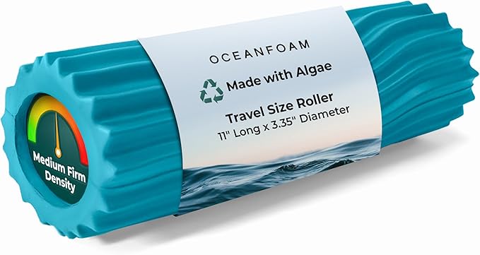 Oceanfoam Ripple Travel Foam Roller (11" x 3.35") Firm Mini Foam Roller for Physical Therapy, Deep Tissue Massage, Back Pain, High Density, Ergonomic Wave Textured, Yoga, Pilate, Exercise (Miami Blue) - Bloomnest