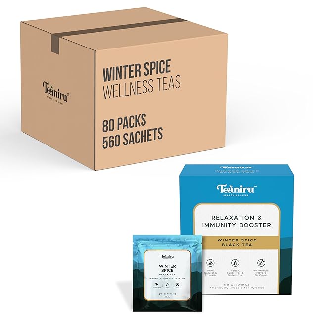 Teaniru, Winter Spice Tea, 1 Carton (Box of 80) - 560 Sachets | Pyramid Tea Bag | Wellness Tea For Corporates & Restaurant & Tea Lovers | Gluten Free, Sugar-Free - Brew Hot or Cold - Bloomnest