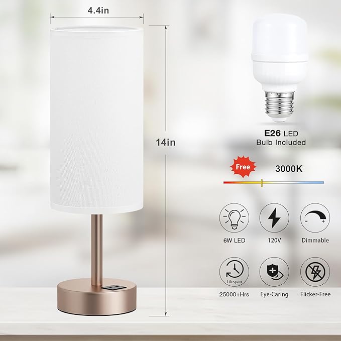 Dicoool Touch Bedside Table Lamp with USB - 3 Way Dimmable Lamp for Bedroom Nightstand, Desk Lamp with Charging Station for Dorm, Living Room, Office, Kids Room, Nursery - Bloomnest