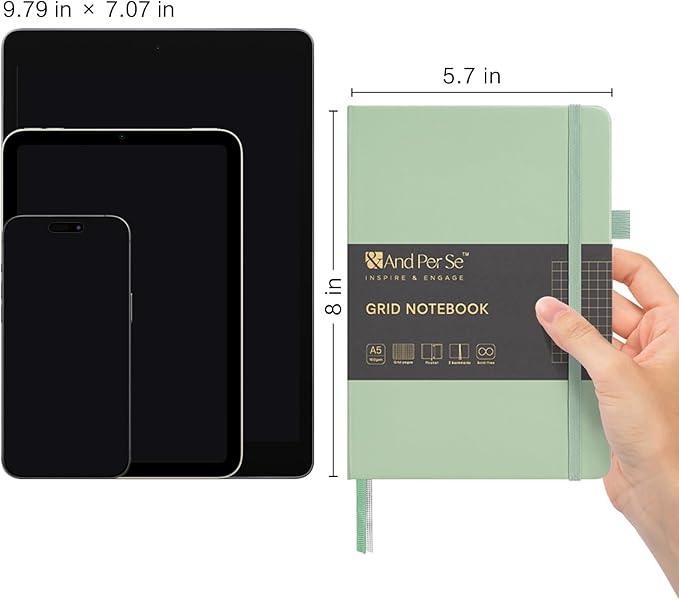 &And Per Se Graph Journal Notebook, 160 Pages, A5 5.7 x 8 inches 100 gsm Thick Paper Notebook Journals for Writing, Grid Hardcover Notebook(1 Pack, Light Green)