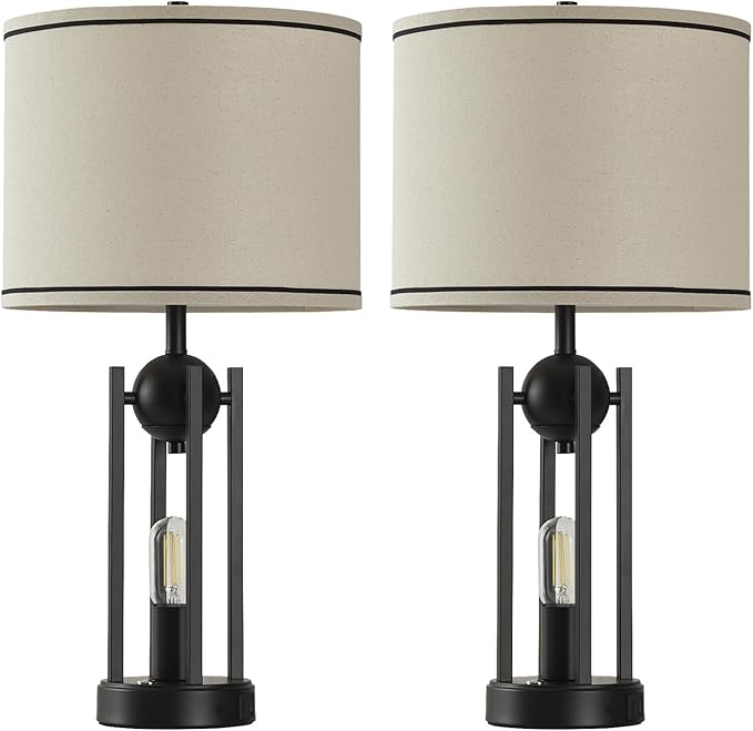 25'' Farmhouse Table Lamps for Living Room Set of 2 with USB C+A Ports, Vintage Bedside Lamp for Bedroom, Touch Lamps for Nightstand, Dual Lights Independent Switch, 4 Bulbs Included, Black - Bloomnest