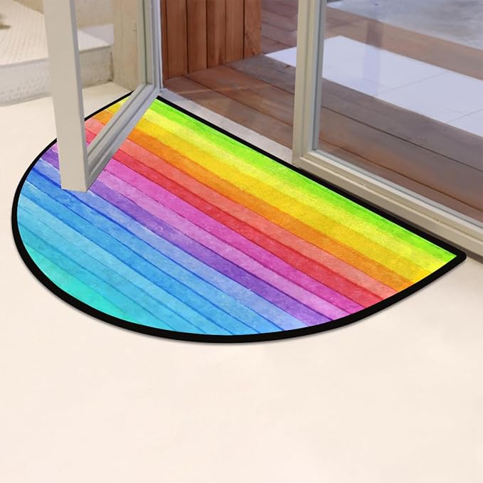 Half Round Door Mat, Watercolor Bright Color Rainbow Striped Non-Slip Half Circle Area Rug Doormat Washable Durable Home Decor Half Moon Rug for Floor Indoor Outdoor Living Room Bedroom Kitchen Patio - Bloomnest