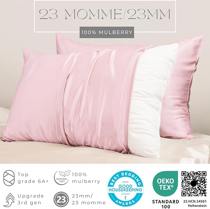 PROMEED 100% Silk Pillowcase Set of 2 with Hidden Zipper, 23 Momme 3rd Gen Grade 6A+ Mulberry Silk Pillow Case 2 Pack for Hair and Skin, Soft and Breathable (King 20"x36", Pink) - Bloomnest