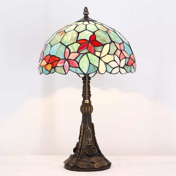 Tiffany Stained Glass Table Lamp 12X12X19 Inch Green Red Flowers Style Desk Bedroom Living Room Reading Light (Red Flowers Style) - Bloomnest