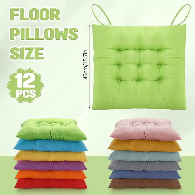 Geetery 12 Pcs Floor Pillows for Classroom Bulk Square Seating Cushions for Floor Chair School Kindergarten Reading Corner, 15.7'' Large Thick Meditation Cushions Yoga Nursery Daycare (Bright Color) - Bloomnest