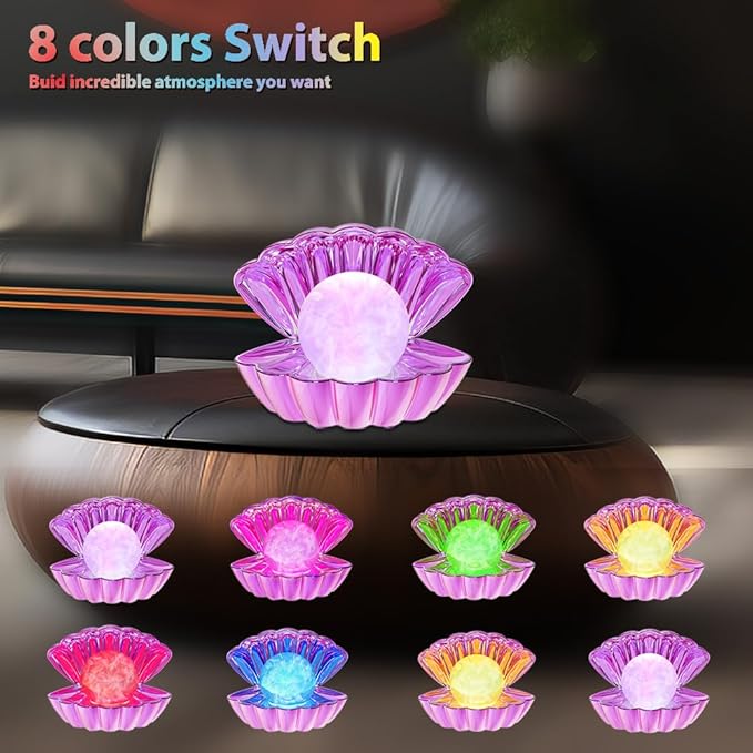 Shell Pearl Beach Themed Night Light, RGB 8 Colors Changing Mood Shell Pearl Lamps, Bedside LED Clamshell Portable Night Lights for Bar (Electroplating Purple) - Bloomnest