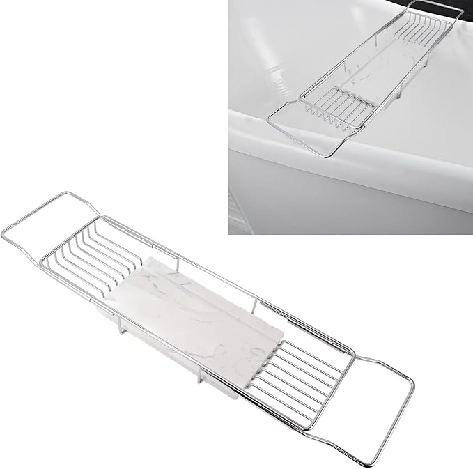 Haofy Expandable Bathtub Tray, Metal Marble Bathtub Caddy Tray, Bathtub Rack Shelf, Bathtub Rack Across Tub for Bathroom (Silver White) - Bloomnest